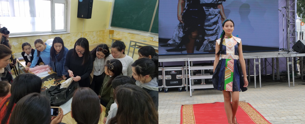 写真左下：モンゴル教育大学にてセミナーを開催している様子／写真右下：2019年ウランバートル市にて開催された「Japan Festival in Mongolia」のイベントにて、文化服装学院の生徒らが作成した「お針子デール」を披露している様子